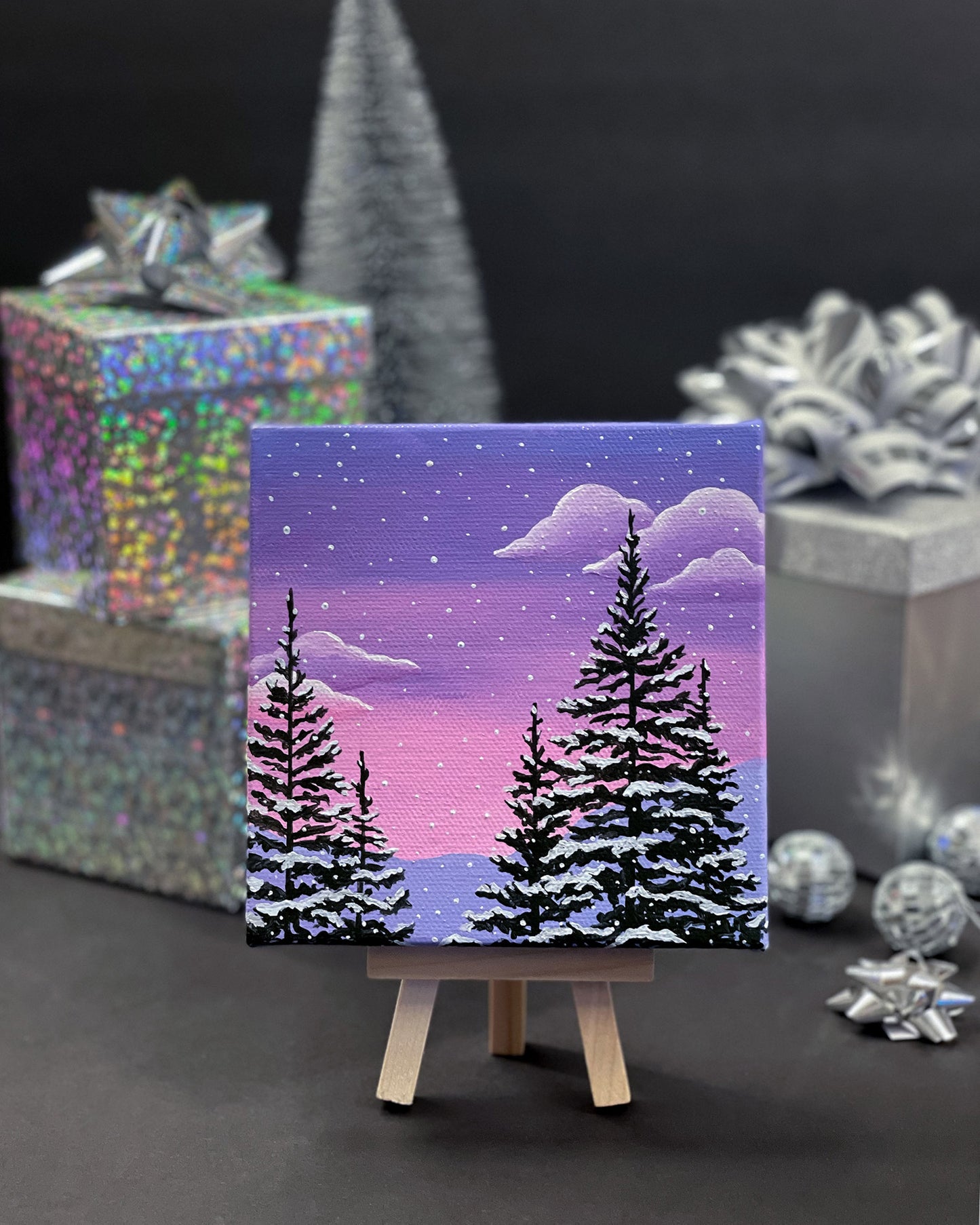 "Twilight Snowfall" Mini-Painting with Easel